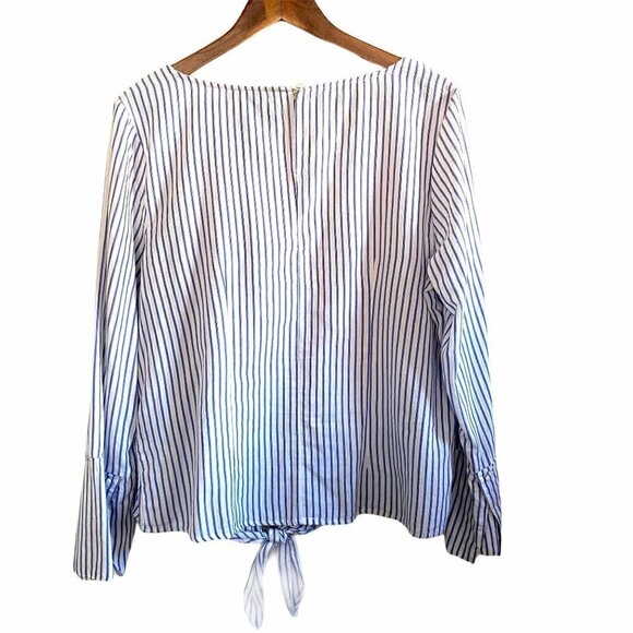 Nanette Lepore Front Tie Gold Embellished Blue White Stripe Blouse Size Large - Picture 10 of 10